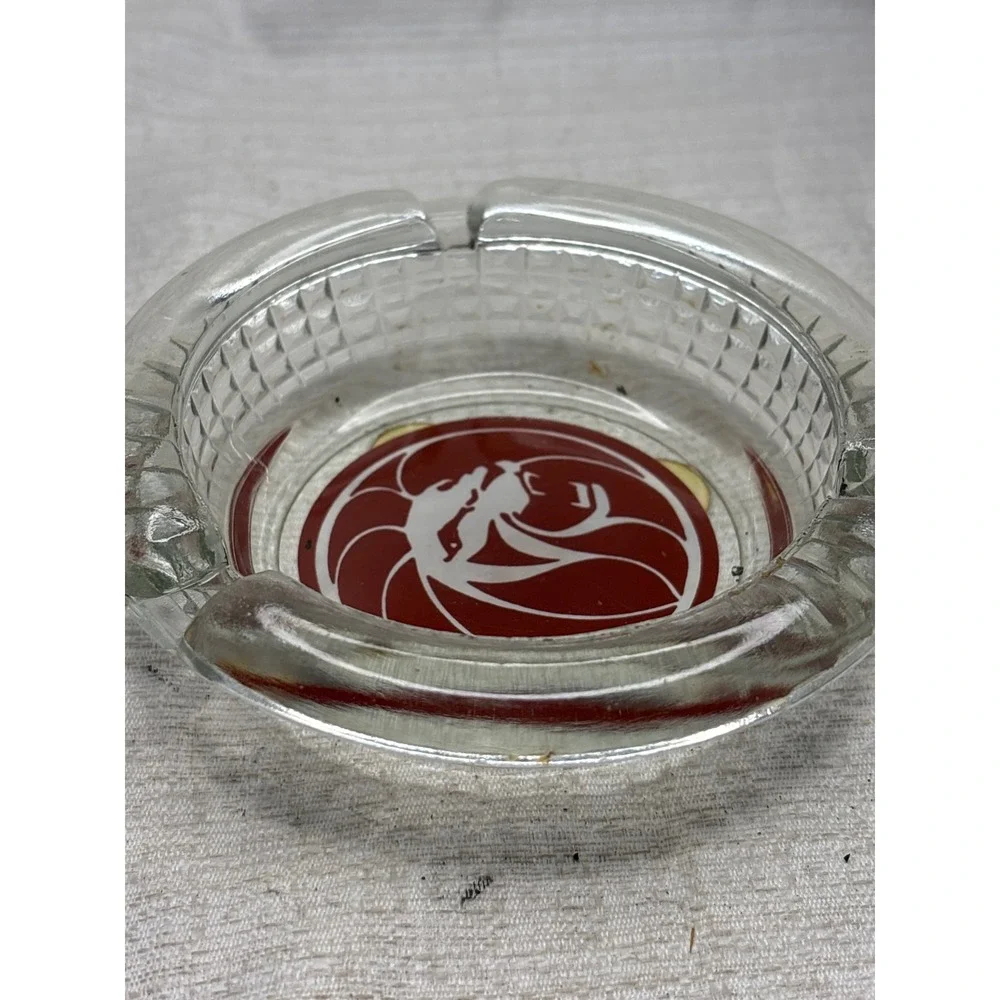 Vintage MGM Hotel Glass Ashtray Lion Logo‎ Red White Diamond Cut MCM Decor